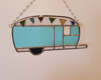 Camper with Flags Stained Glass Suncatcher