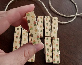 Teeny Tiny Birdhouses Clips w Twine for Photo Display - Chunky Little Clothespin Set of 12 - Gifts For Her - Birdwatcher - Bird Lover
