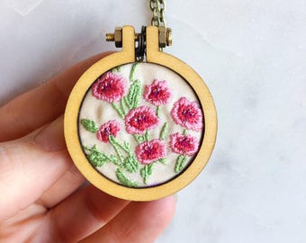 Pink Flower Embroidery Hoop Necklace with Vintage Feel
