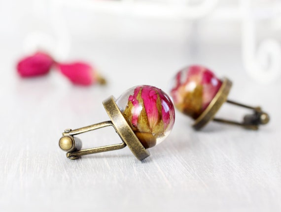 Resin Orb Globe Cuff links - Real flower Cuff links - Real Red Rose Cufflinks