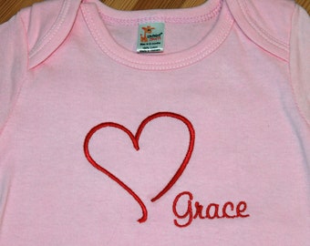 Personalized Embroidered Baby Onepiece Bodysuit - Heart with Name on Bottom
