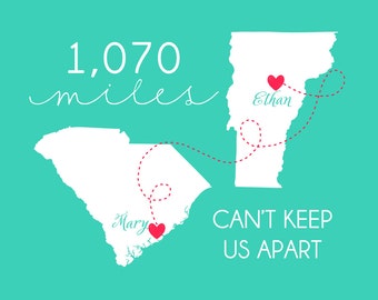 Long Distance Relationship Maps, Gift for Boyfriend Personalized Art Print with Maps and Mileage - Mileage Apart, Military Deployment, KM