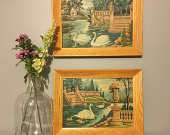 2 Matching Vintage Paint By Number Swan Pictures