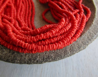 Mini tiny red rondelle lampwork glass beads, delicate, opaque semi matte, Indonesian ethnic 1 to 1.5 x 3mm ( 22 inches strand ) 7bb13-8