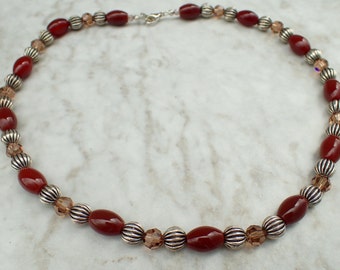 Red Agate Swarovski Crystal Beaded Necklace