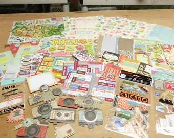 48 Pieces Lot Scrapbooking Embellishments Papers Stickers Travel Themed K & Company Jolee's Marcella Punch Studio and More