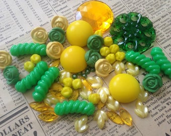 Vintage Inspiration Kit - Yellow, Green - Beads, Buttons, Cabochons - Bright, Colorful - Grab Bag, Bead Soup, Assortment, Lot, Mix, Destash