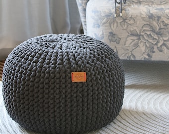Chunky double cord/ dark gray pouf/ chunky knitted pouf knit pouf/ Cotton Cord Pouf/ knitted ottoman footstool nursery pouffe