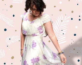 Vintage 1970's White & Purple Floral Off the Shoulder Cap Sleeve Maxi Dress