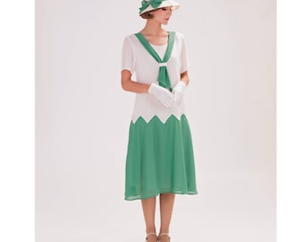 1920s zig zag dress in off-white and sea green, Great Gatsby dress, 20s day dress, Downton Abbey dress, 1920s tea dress, Charleston dress