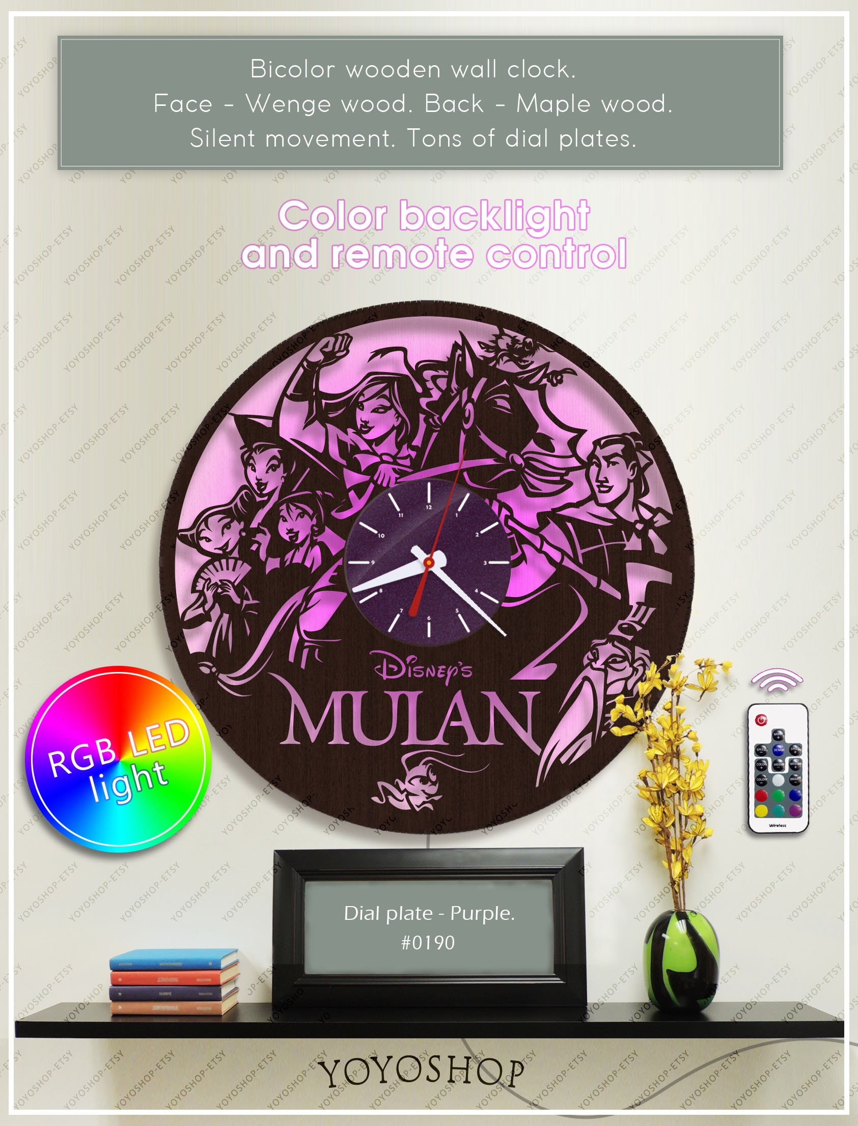 Mulan Wooden Clock Disney Clock with Led Light Disney Gift