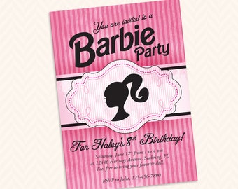 Girls Doll Head Silhouette Birthday Party Invitation Design - Custom printable Vintage Black and Pink Striped Birthday Invitation