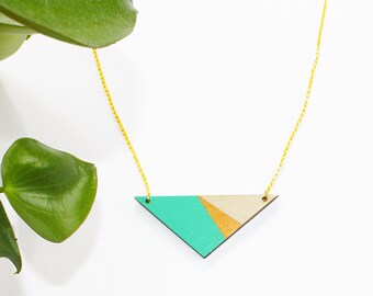 Geometric, wooden triangle necklace, turquoise necklace, wood cut necklace, minimalist necklace, long wooden necklace, triangle pendant