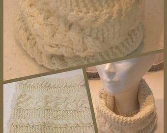 Hand knit cabled cowl scarf