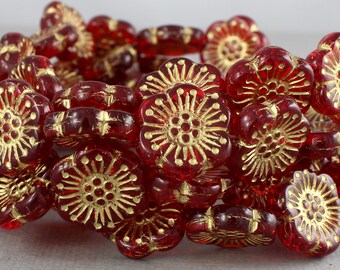 Transparent ruby red Czech glass flower beads with gold detail - 18mm - 4 pcs - FB130