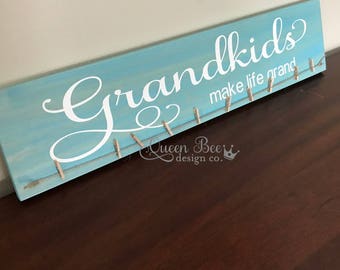 Grandkids Make Life Grand Photo Hanger.Photo Display.Grandkids Sign.Picture Frame.Picture Display. Mother's Day Gift Idea. Gift Idea.Aqua