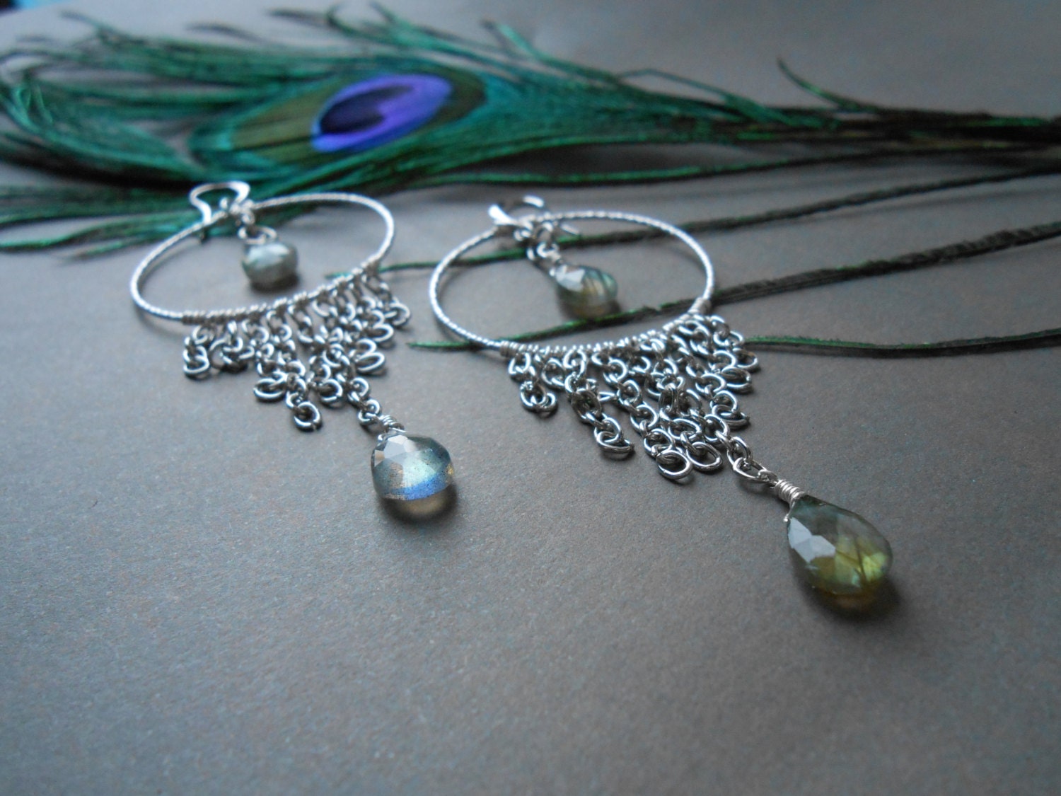 Labradorite Large Hoop Earrings Long Chandelier Labradorite Large Hoop Earrings Long Chandelier Gemstone Silver Fringes And Teardrop