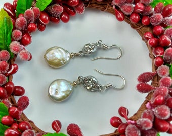 Natural White Coin Pearl Earrings with Silver Rhinestones - 146A
