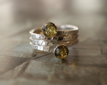 Lightly Hammered Sterling Silver Beaten Spiral Ring With Green Amber Stones
