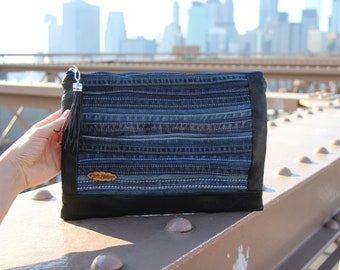 Handmade Clutch. Patchwork Clutch. Wristlet Clutch. Recycled Denim & Recycled Leather Clutch.