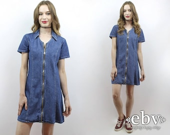 90s Party Dress Denim Dress Denim Mini Dress Zip Front Dress 90s Grunge Dress 90s Mini Dress 1990s Dress 90s Dress 1990s Clothing