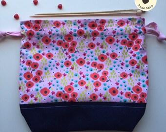 PINK POSIES Small Knitting Bag | Project Bag | Drawstring Bag | Sock Sack | Valentines Day| Flowers Pink | Gift for Her