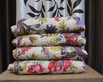 A Beautiful handmade Bird Print Kantha Quilt, Kantha Bedspread, Kantha Bedding & Bedcover, Kantha Throw 90 Inch X 108 inch
