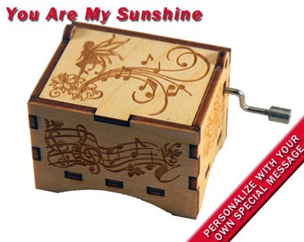 Fairy Music Box, "You Are My Sunshine", Laser Engraved Wood Hand Crank Music Box