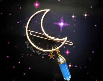 GOLD Crystal Crescent Moon hair clip, crescent hair barrette with gemstone dangle (original design)