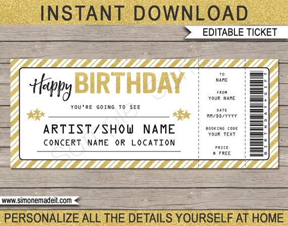 concert ticket birthday gift printable template surprise