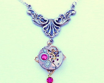 Hot Pink Swarovski Crystal, Ruby Jeweled Vintage Watch Movement, Steampunk Necklace, Edwardian Fantasy, Steam Punk Goth