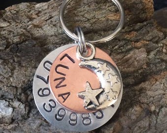 Custom - Personalised - Hand Stamped - Dog Tag/ Pet ID Tag - 2.5 cm and 1.9 cm - Stacked - With Charm - Brushed Aluminium and Copper
