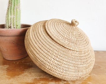 Large Vintage African Woven Storage Basket with Lid / Coiled Basket