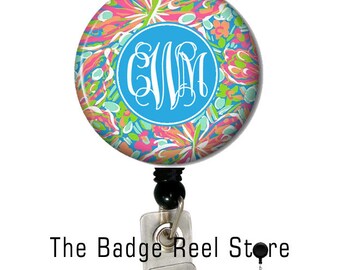 Name Badge Holder, Retractable ID Badge Holder, Name Tag, Personalized, Name, Badge Reel, ID holder, Nurse, Monogrammed - Preppy Floral