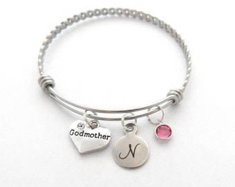 GODMOTHER GIFT, Godmother Bracelet, Gifts for Godmothers, Birthstone Charm Bangle, Godmother Charm, Initial Bracelet, INITIAL Jewelry
