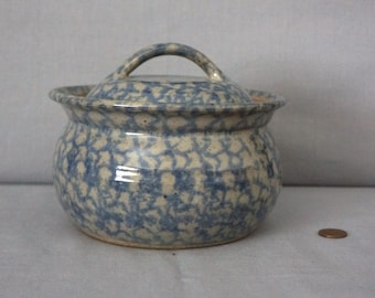 Blue Spongeware Stoneware Bean Pot with Lid