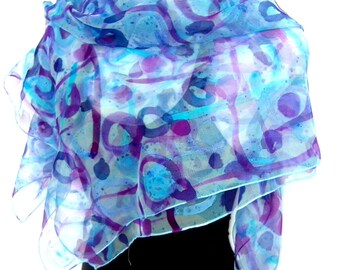 Hand Painted Silk Scarf, Abstract Silk Scarf, Purple Blue, 35" Square Silk Chiffon Scarf, Gift For Her