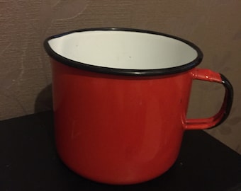Large red enamel ware mug made in Poland vintage