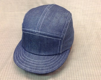 Denim 5 panel cap with short 19th century visor, adjustable or fitted available