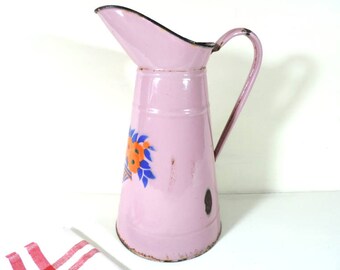 French Vintage Enamel Pitcher/ French Vintage Enamel Jug/ Vintage Enamelware/Pink Enamel Jug/French Enamelware/Pink Enamel Pitcher