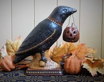 CROW WITH PUMPKIN - Primitive Paper Mache Folk Art Halloween Decoration