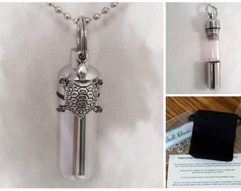 Complete Set - Silver Turtle Cremation Urn on 24" Necklace - Custom Hand Assembled.... with Velvet Pouch and Fill Kit