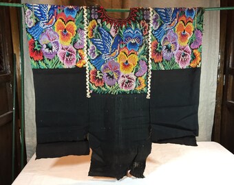 Vintage Guatemalan huipil (blouse) with blue birds and petunias