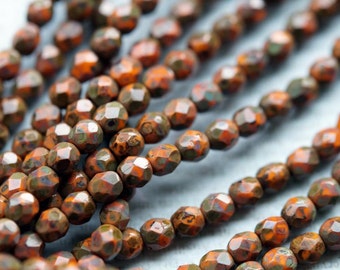 4mm Fire Polished Beads - Bright Opaque Orange Picasso - Picasso Faceted Rounds - Czech Glass Beads