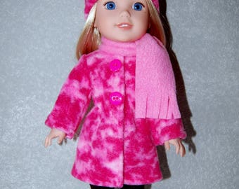 Jacket Hat Scarf for 14" Wellie Wishers or Melissa & Doug Doll Clothes pink tkct1163 long fleece coat handmade READY TO SHIP