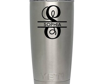 Yeti Decal Split initial monogram name decal for Yeti Rambler Tumbler 20oz 30oz cup travel mug -yeti name decal- custom name-