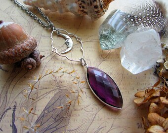 Necklace "Celestial Princess" with faceted amethyst, sterling silver oriental pendant & crescent charm. Custom length stainless steel chain.