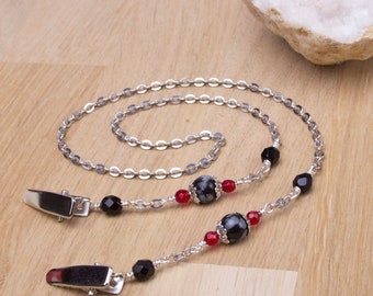 Gemstone napkin chain - Snowflake obsidian silver serviette clip | Elegant Napkin holder neck cord | Foodie gifts | Adult Dinner bib clip