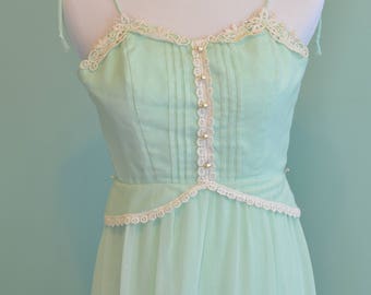 70s Prairie Dress Tiered Maxi Dress Minty Green Sundress Spaghetti Strap Hippie Boho Festival Dress Size 7/8