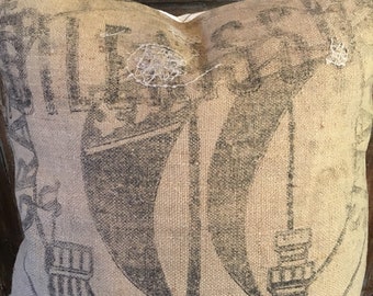 Vintage French Grain Sack With Ship Image Euro Pillow Cover